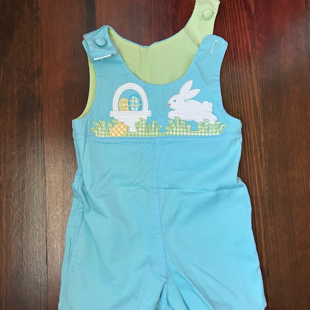 Reversible Blue green Kids Overall romper with Bunny / golf cart design